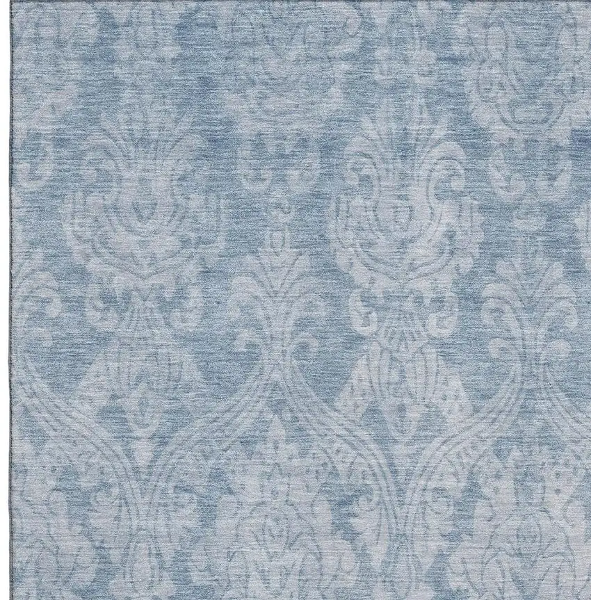 Blue And Ivory Damask Washable Area Rug With UV Protection Photo 2