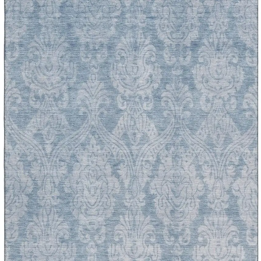 Blue And Ivory Damask Washable Area Rug With UV Protection Photo 3