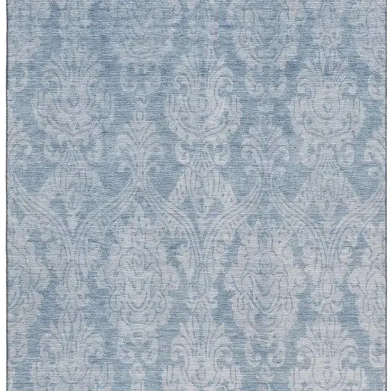 Blue And Ivory Damask Washable Area Rug With UV Protection Photo 3