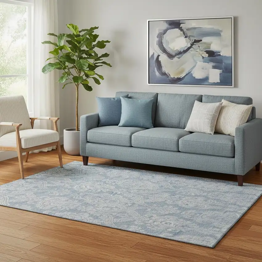 Blue And Ivory Damask Washable Area Rug With UV Protection Photo 2