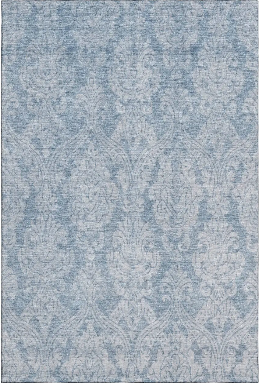 Blue And Ivory Damask Washable Area Rug With UV Protection Photo 1