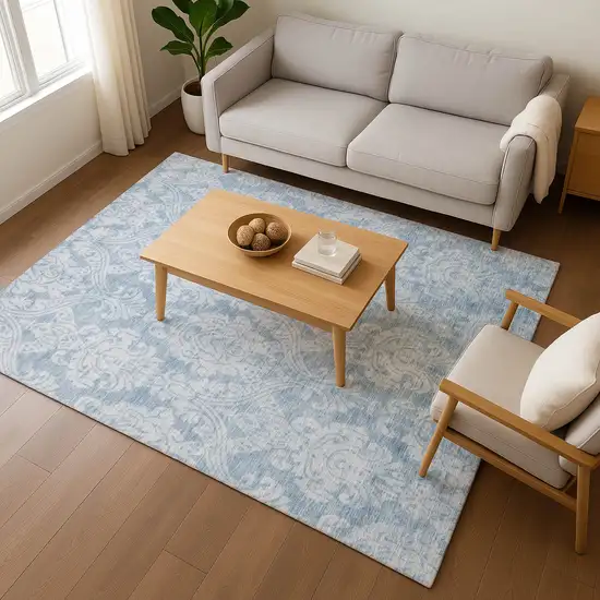 Blue And Ivory Damask Washable Area Rug With UV Protection Photo 5