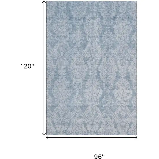 Blue And Ivory Damask Washable Area Rug With UV Protection Photo 8