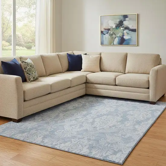 Blue And Ivory Damask Washable Area Rug With UV Protection Photo 2