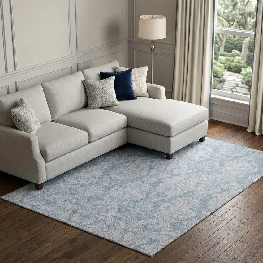 Blue And Ivory Damask Washable Area Rug With UV Protection Photo 1