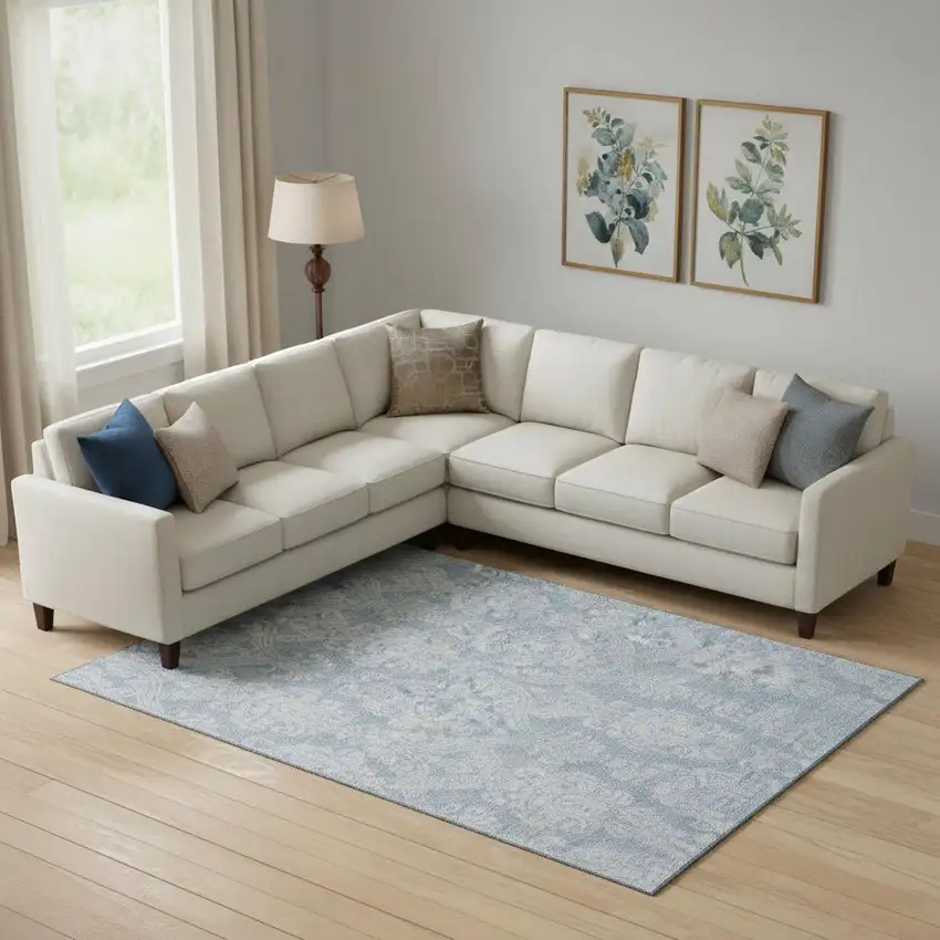 Blue And Ivory Damask Washable Area Rug With UV Protection Photo 2