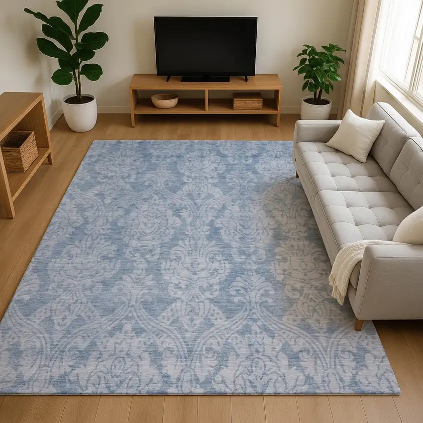 Blue And Ivory Damask Washable Area Rug With UV Protection Photo 4