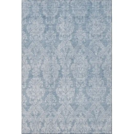 Blue And Ivory Damask Washable Area Rug With UV Protection Photo 3
