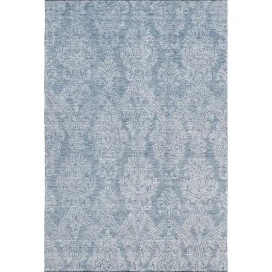 Blue And Ivory Damask Washable Area Rug With UV Protection Photo 1