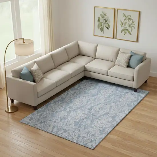 Blue And Ivory Damask Washable Area Rug With UV Protection Photo 2