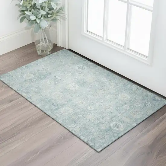 Blue And Ivory Damask Washable Area Rug With UV Protection Photo 2