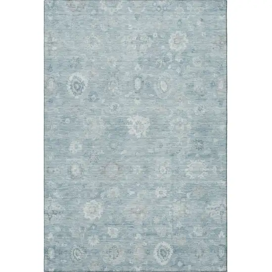 Blue And Ivory Damask Washable Area Rug With UV Protection Photo 3