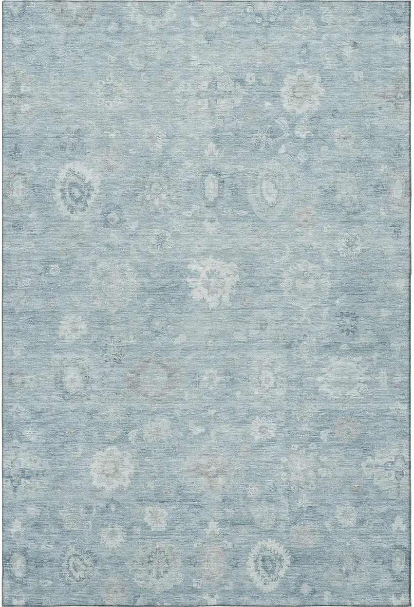 Blue And Ivory Damask Washable Area Rug With UV Protection Photo 3