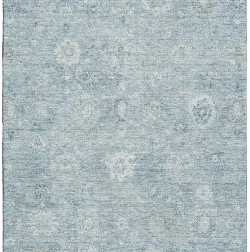 Blue And Ivory Damask Washable Area Rug With UV Protection Photo 2