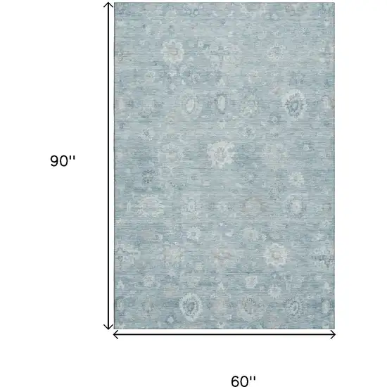 Blue And Ivory Damask Washable Area Rug With UV Protection Photo 9