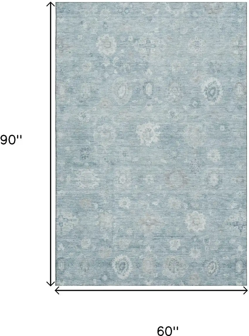 Blue And Ivory Damask Washable Area Rug With UV Protection Photo 9