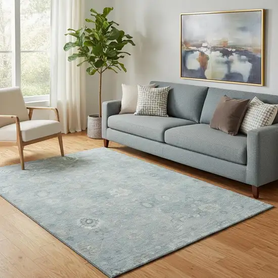 Blue And Ivory Damask Washable Area Rug With UV Protection Photo 2