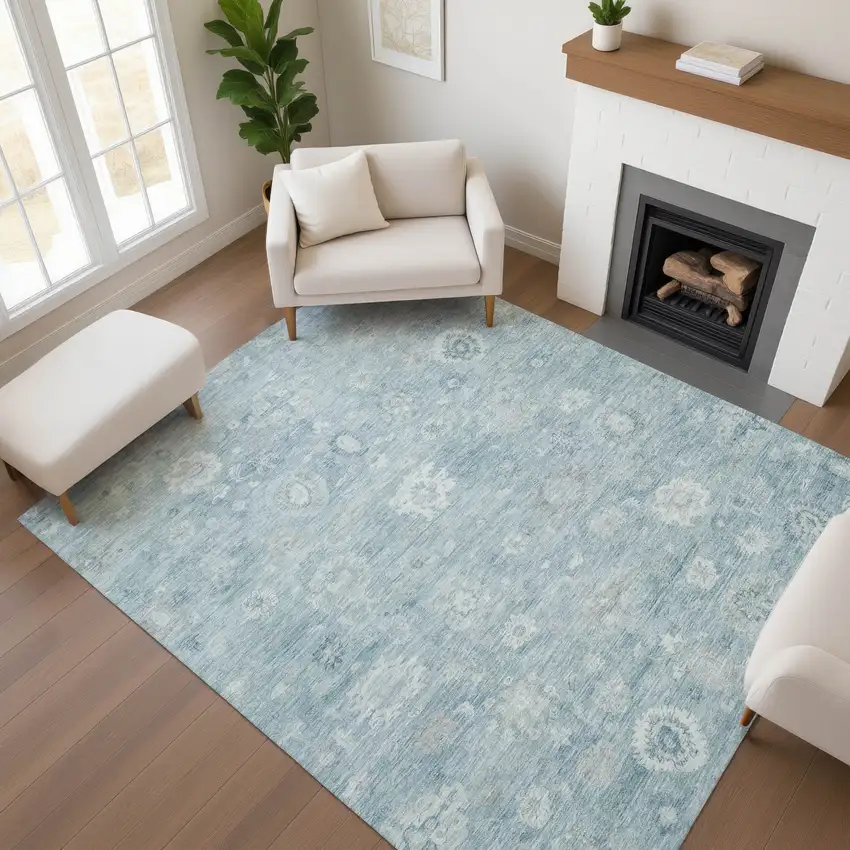 Blue And Ivory Damask Washable Area Rug With UV Protection Photo 4