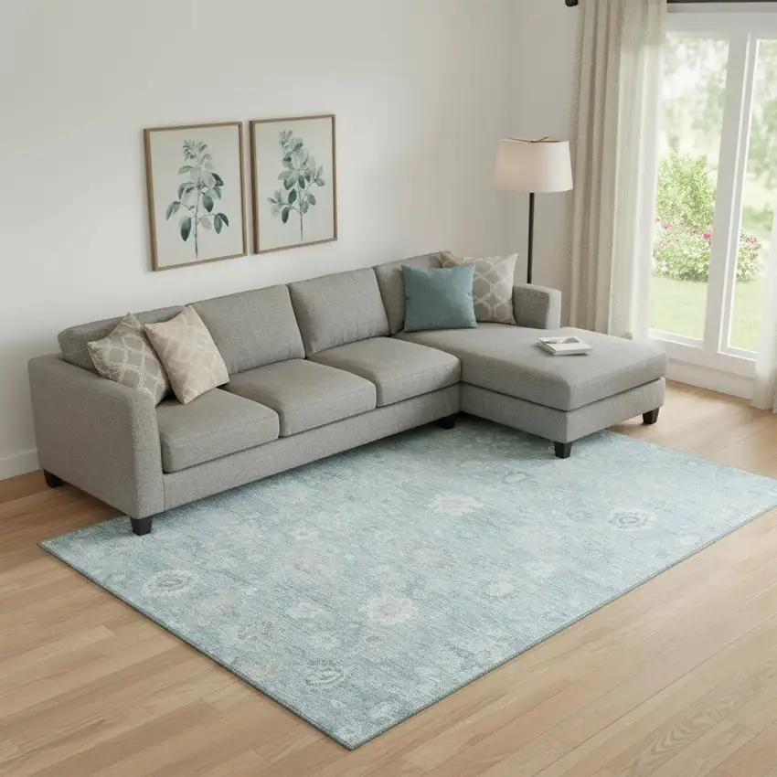 Blue And Ivory Damask Washable Area Rug With UV Protection Photo 2