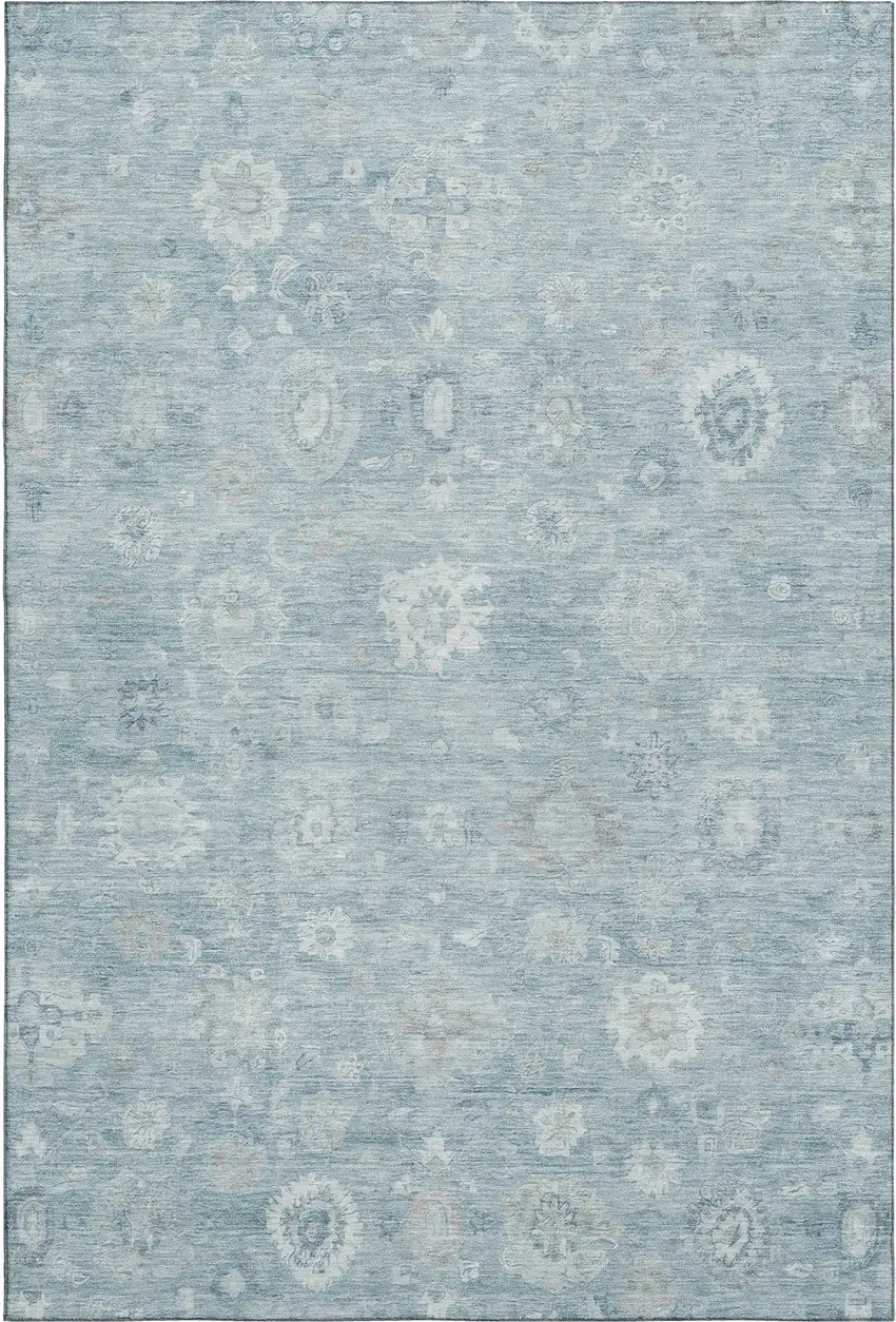 Blue And Ivory Damask Washable Area Rug With UV Protection Photo 1