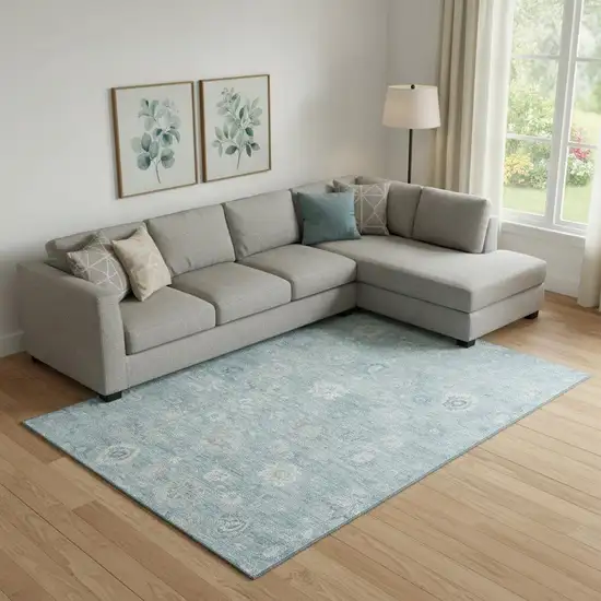 Blue And Ivory Damask Washable Area Rug With UV Protection Photo 2