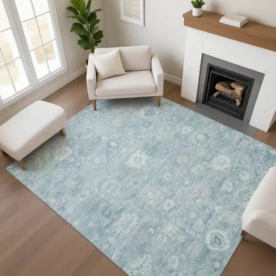 Blue And Ivory Damask Washable Area Rug With UV Protection Photo 4