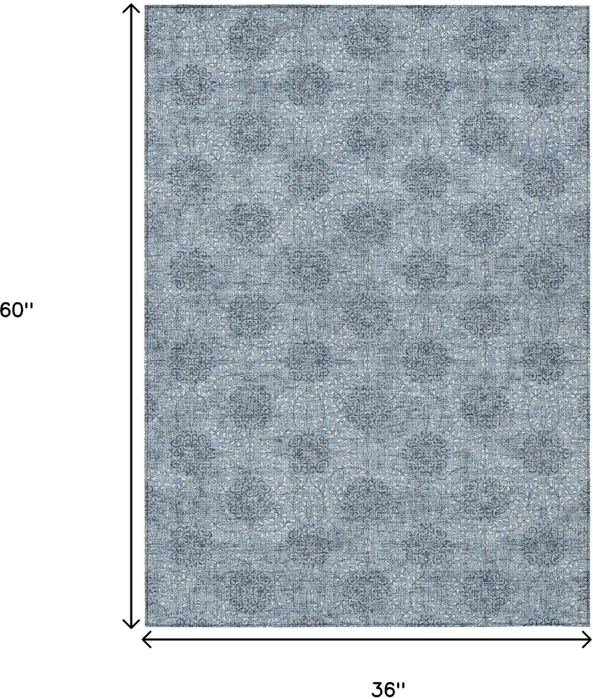 Blue And Ivory Damask Washable Indoor Outdoor Area Rug Photo 9