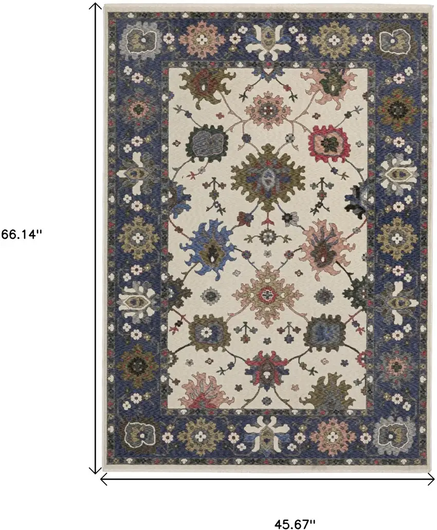 Blue And Ivory Floral Area Rug With Fringe Photo 3