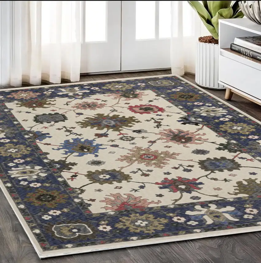 Blue And Ivory Floral Area Rug With Fringe Photo 1