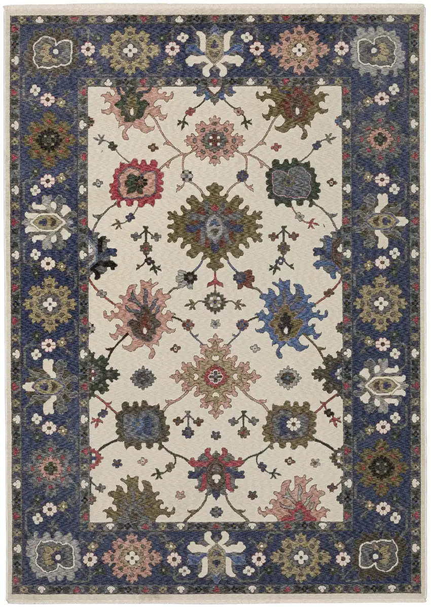 Blue And Ivory Floral Area Rug With Fringe Photo 9