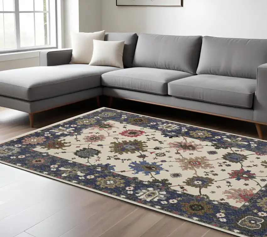 Blue And Ivory Floral Area Rug With Fringe Photo 1
