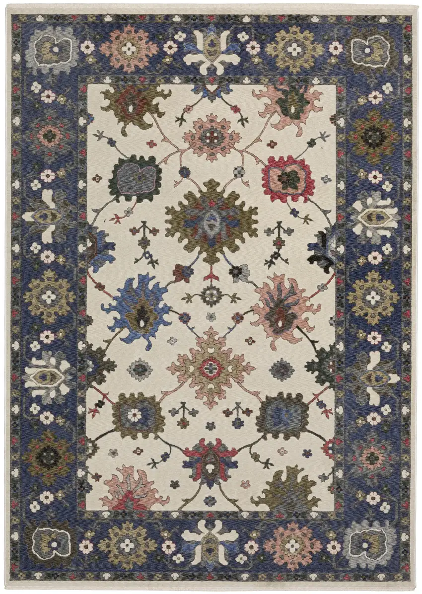 Blue And Ivory Floral Area Rug With Fringe Photo 2