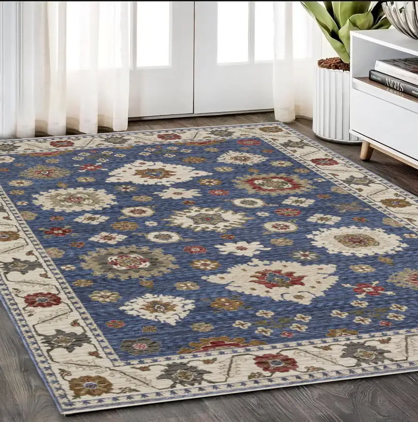 Blue And Ivory Floral Area Rug With Fringe Photo 1