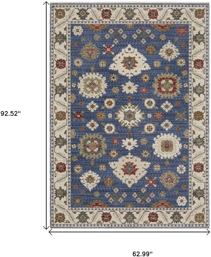 Blue And Ivory Floral Area Rug With Fringe Photo 3
