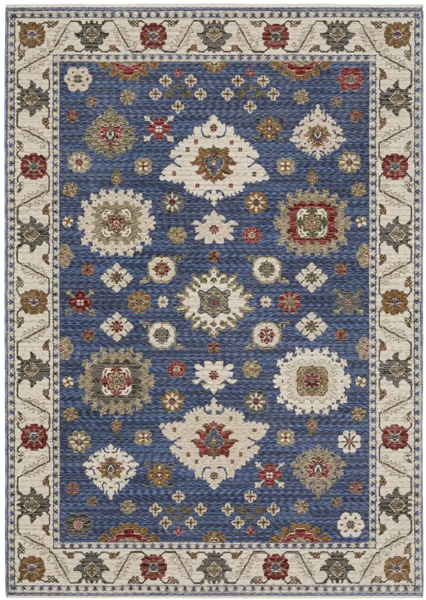Blue And Ivory Floral Area Rug With Fringe Photo 2