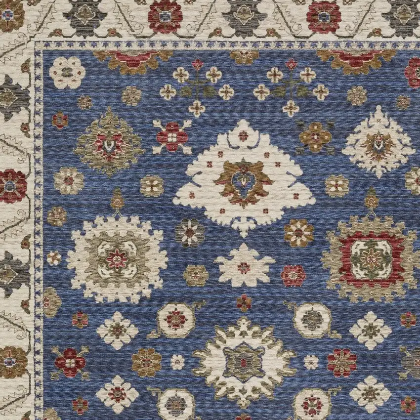 Blue And Ivory Floral Area Rug With Fringe Photo 8