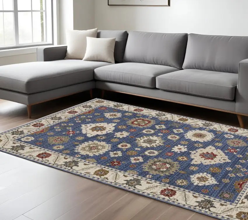 Blue And Ivory Floral Area Rug With Fringe Photo 1