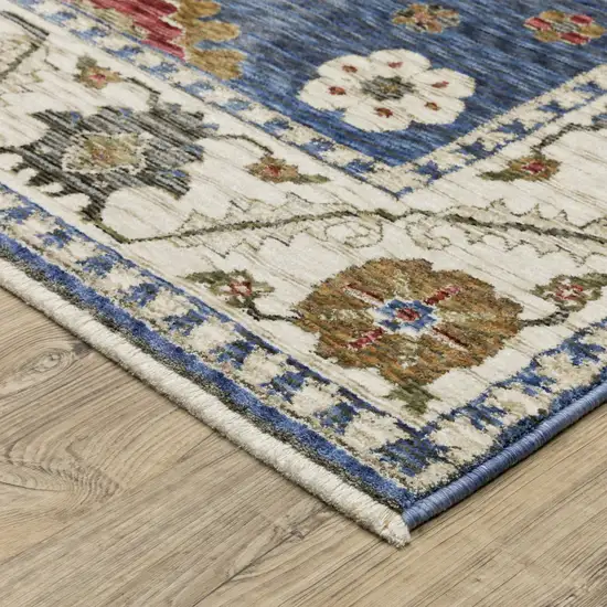 Blue And Ivory Floral Area Rug With Fringe Photo 9