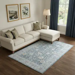 Photo of Blue And Ivory Floral Area Rug With UV Protection