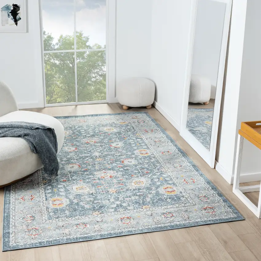 Blue And Ivory Floral Area Rug With UV Protection Photo 6
