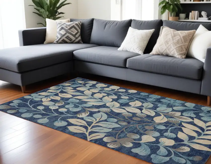 Blue And Ivory Floral Area Rug Photo 1