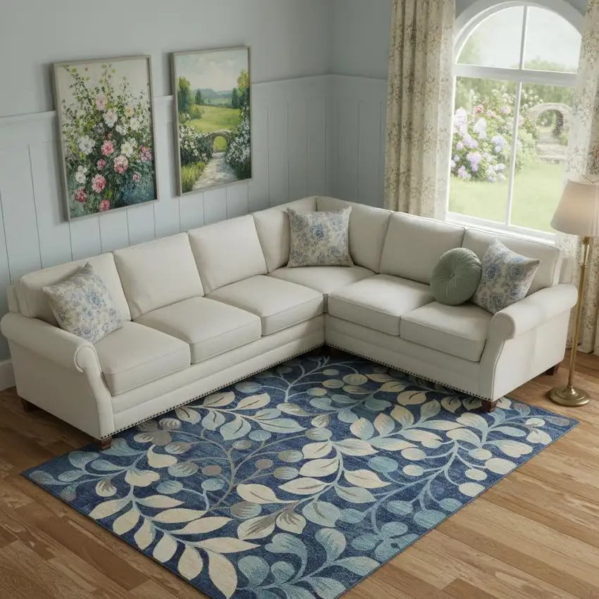 Blue And Ivory Floral Area Rug Photo 1