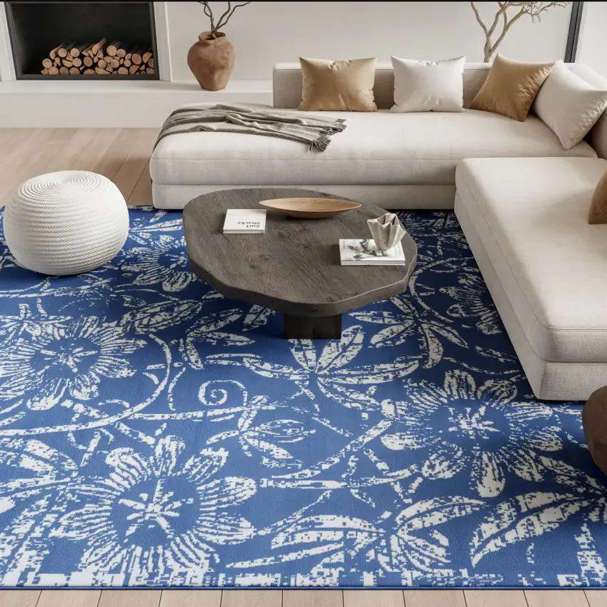 Blue And Ivory Floral Distressed Area Rug Photo 6