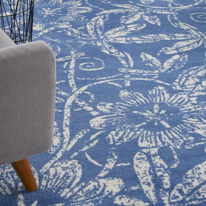 Blue And Ivory Floral Distressed Area Rug Photo 2