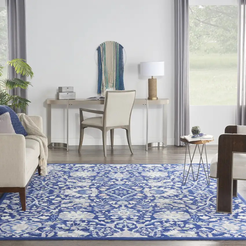 Blue And Ivory Floral Distressed Area Rug Photo 6