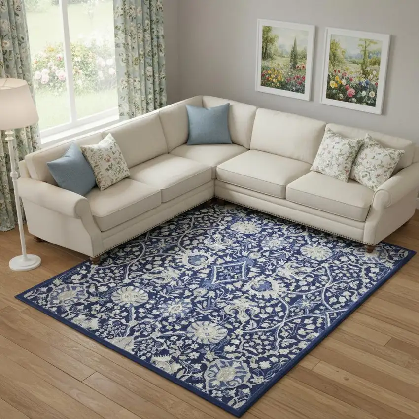 Blue And Ivory Floral Distressed Area Rug Photo 1