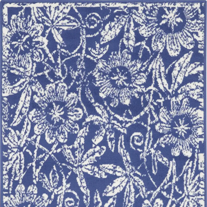 Blue And Ivory Floral Distressed Area Rug Photo 8