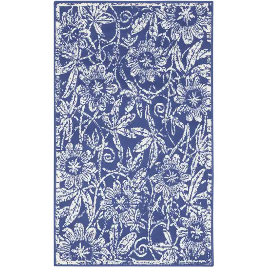 Blue And Ivory Floral Distressed Area Rug Photo 6