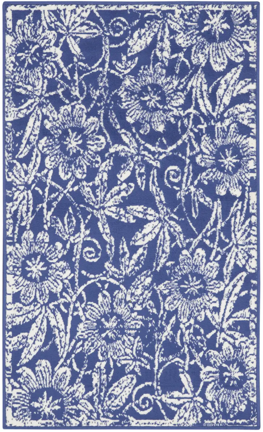 Blue And Ivory Floral Distressed Area Rug Photo 6