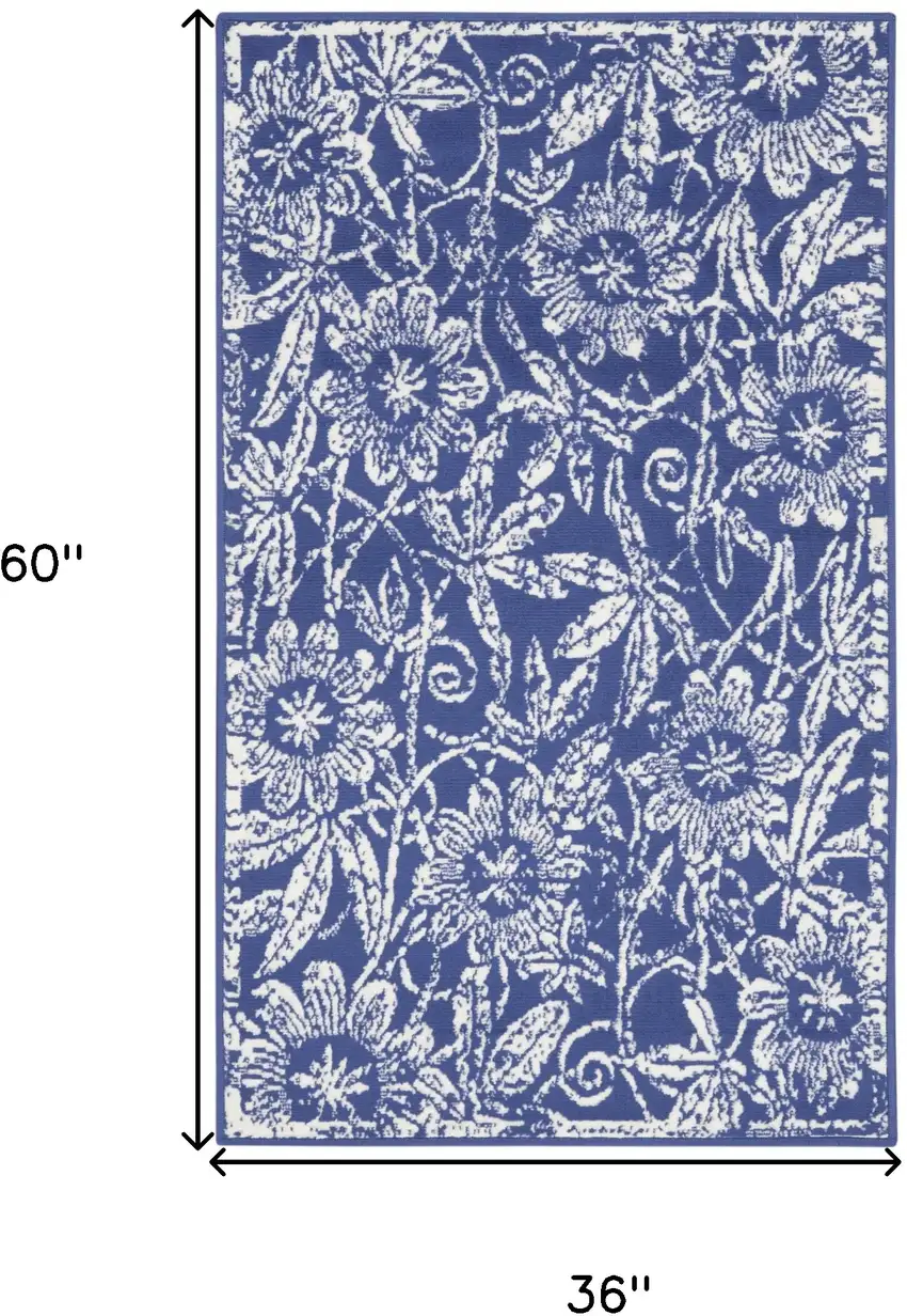 Blue And Ivory Floral Distressed Area Rug Photo 3